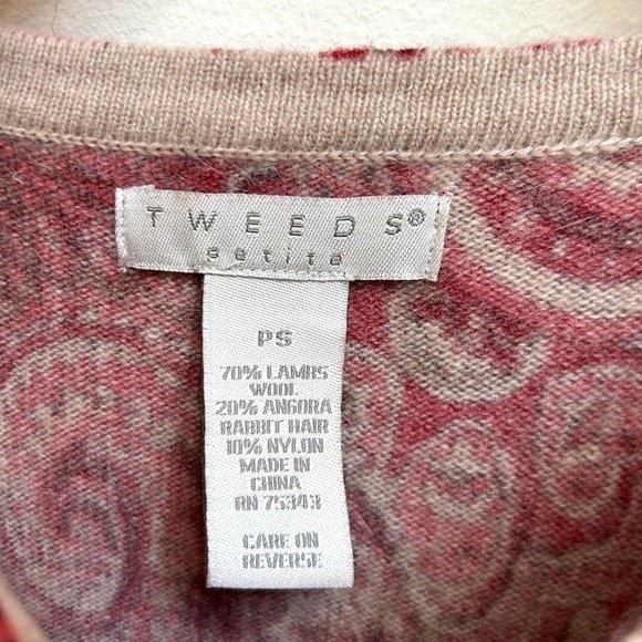 Tweeds Lambs Wool Angora Blend Red Pink Paisley 3/4 Sleeve Cardigan Size Small P - Picture 11 of 11